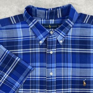 Ralph Lauren Shirt Men 2XB Blue Plaid Short Sleeve Button Down Flesh Pony Preppy